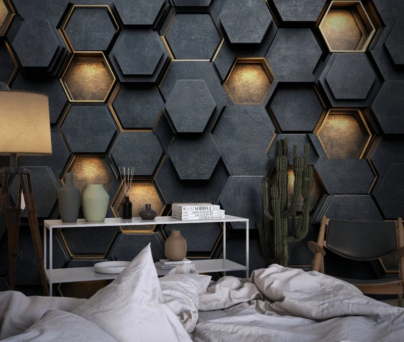 Wallpaper Embossed Honeycomb Black & Gold Self-Adhesive Option