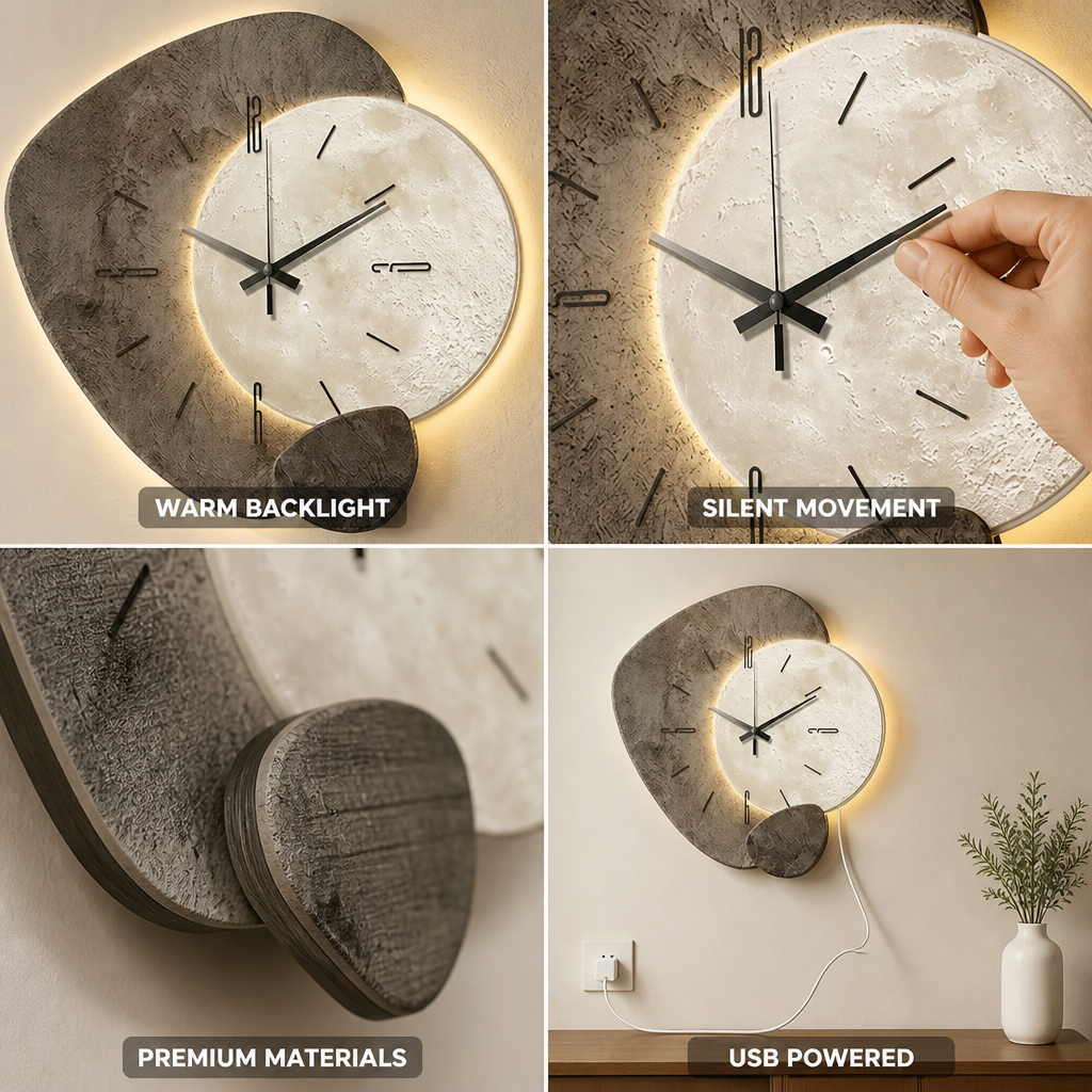 Warm Backlit Silent Quartz Moon Dial Wall Clock (USB-Powered)