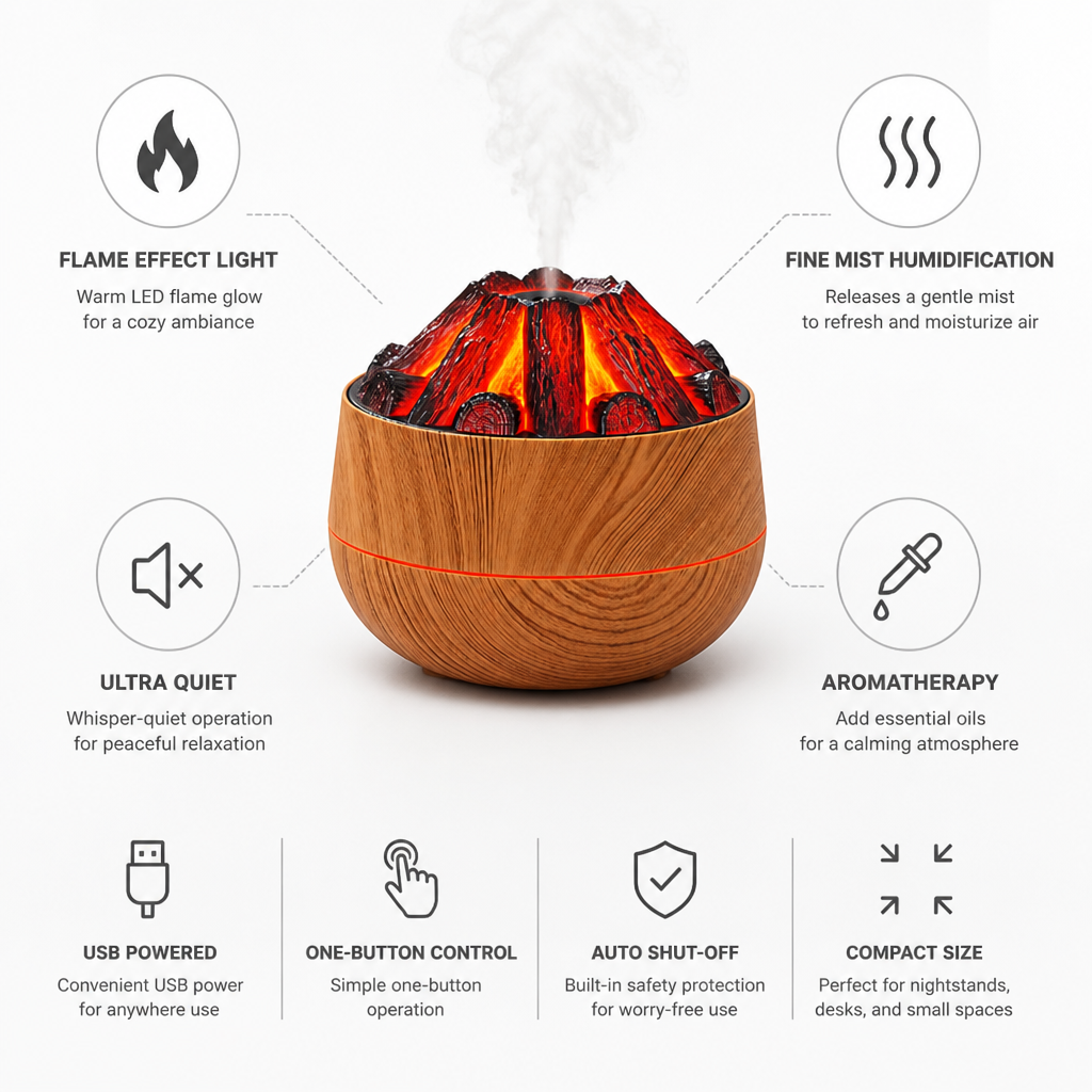 Warm Flame LED & Fine Mist USB-Powered Essential Oil Diffuser