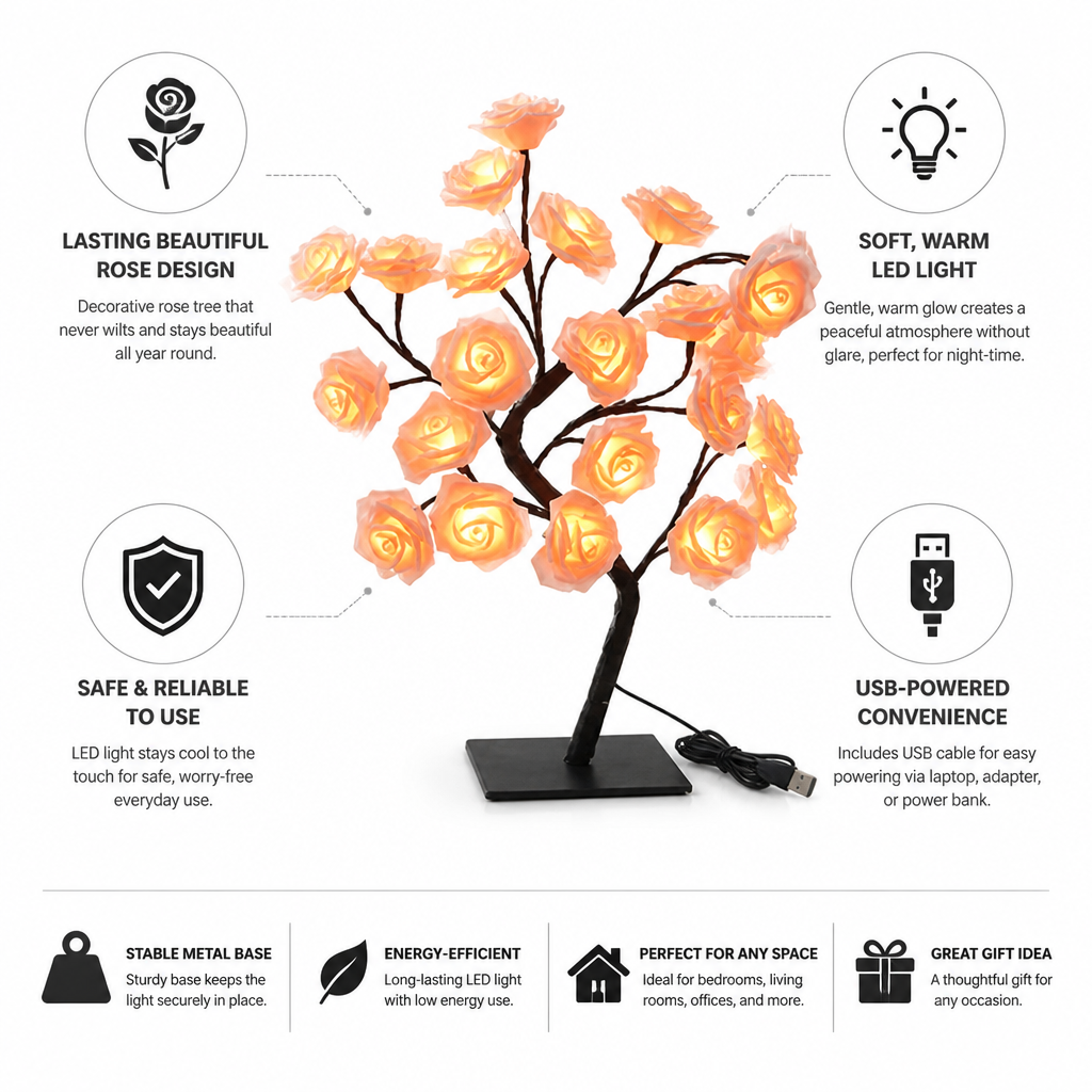 Warm LED Rose Tree Night Light (USB-Powered)