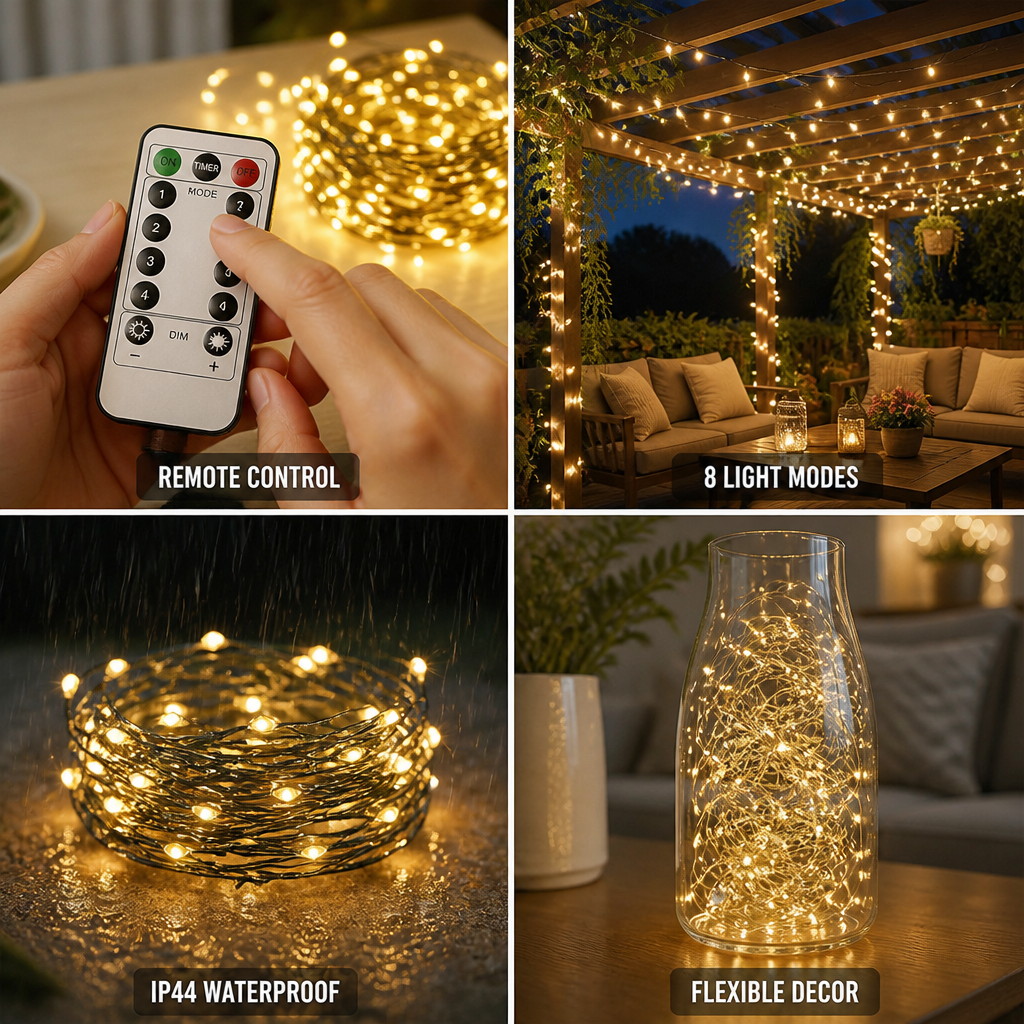 Warm White Remote-Control LED String Lights (8 Modes, IP44)