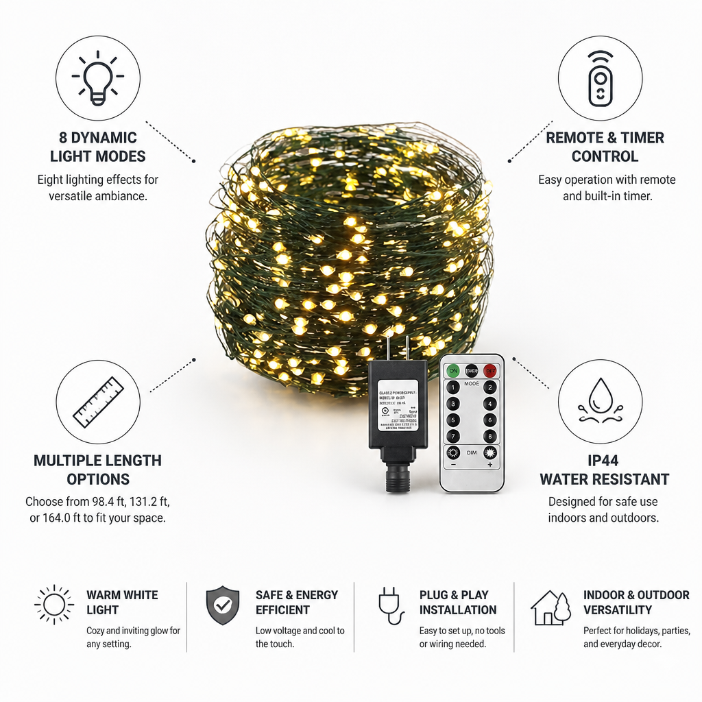 Warm White Remote-Control LED String Lights (8 Modes, IP44)