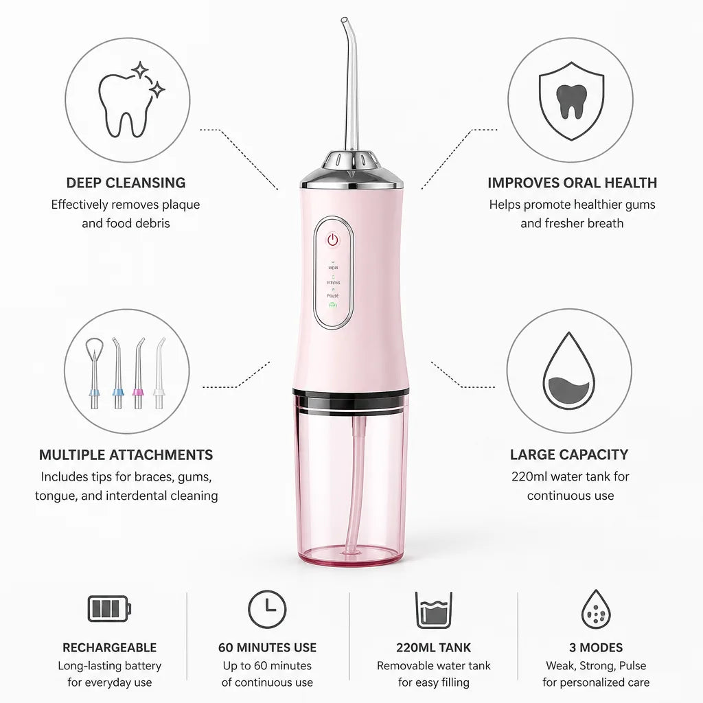 Water Flosser Cordless Rechargeable 220ml Tank Multi-Tip