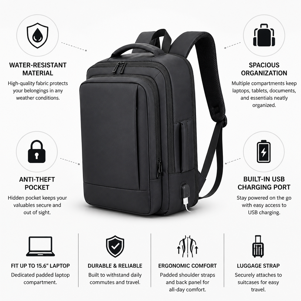 Water-Resistant Anti-Theft Backpack With USB Charging