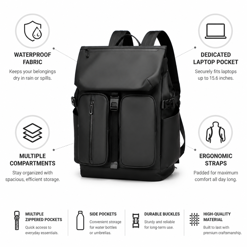 Water-Resistant Multi-Compartment Backpack (Laptop Pocket)