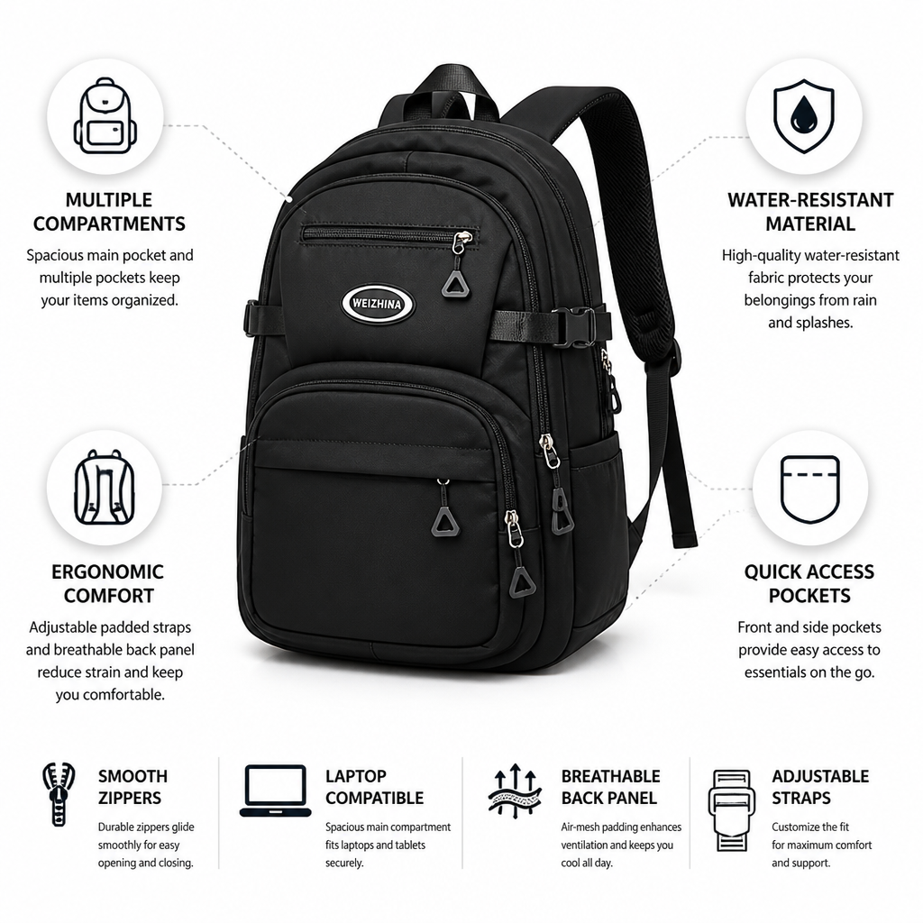 Water-Resistant Multi-Compartment Backpack (Padded Straps)