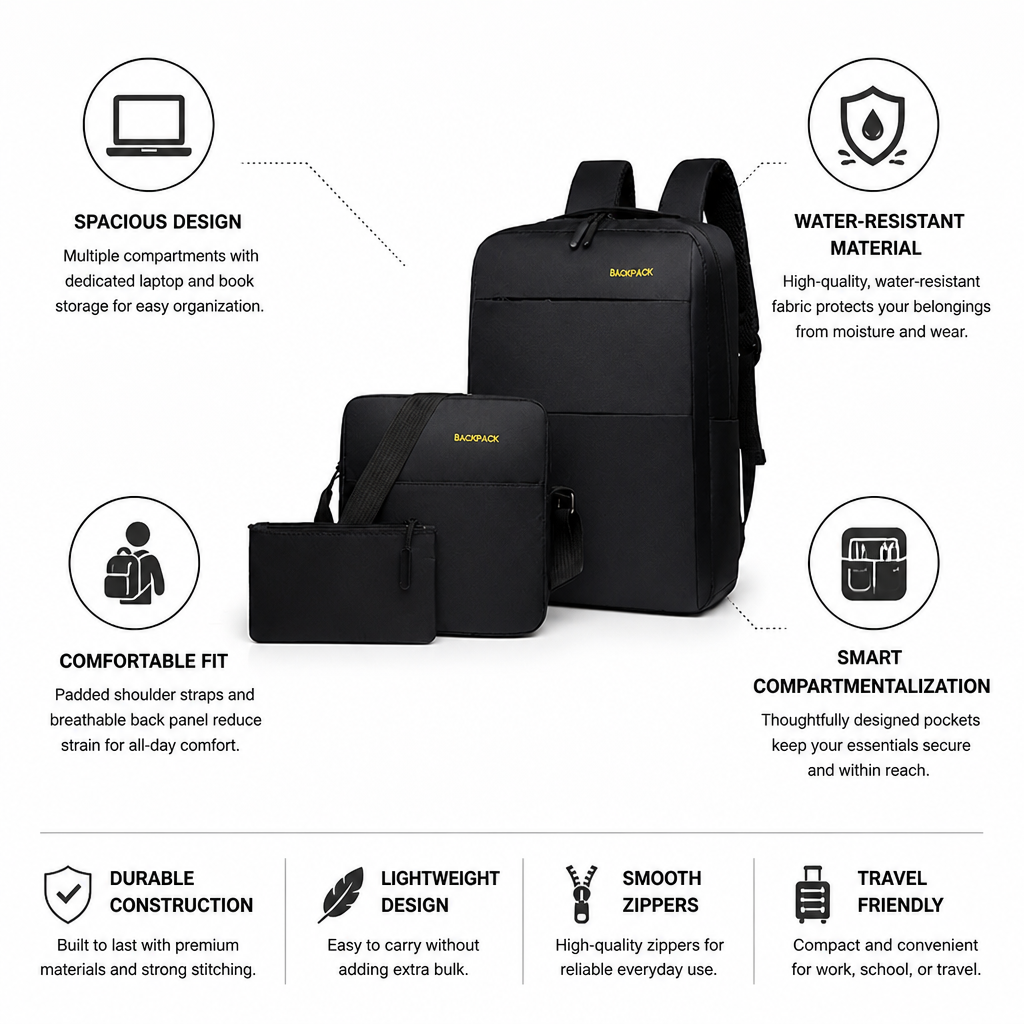Water-Resistant Multi-Compartment Backpack (Padded Straps & Laptop Sleeve)