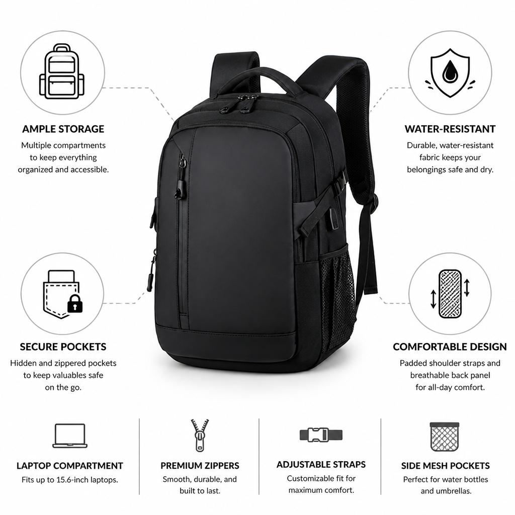 Water-Resistant Multi-Compartment Travel Backpack