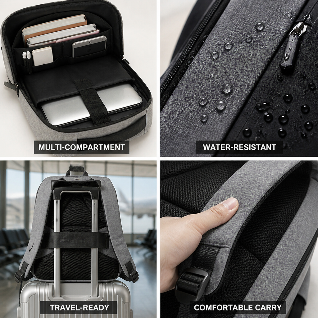 Water-Resistant Multi-Compartment Travel Backpack (Laptop Compartment)