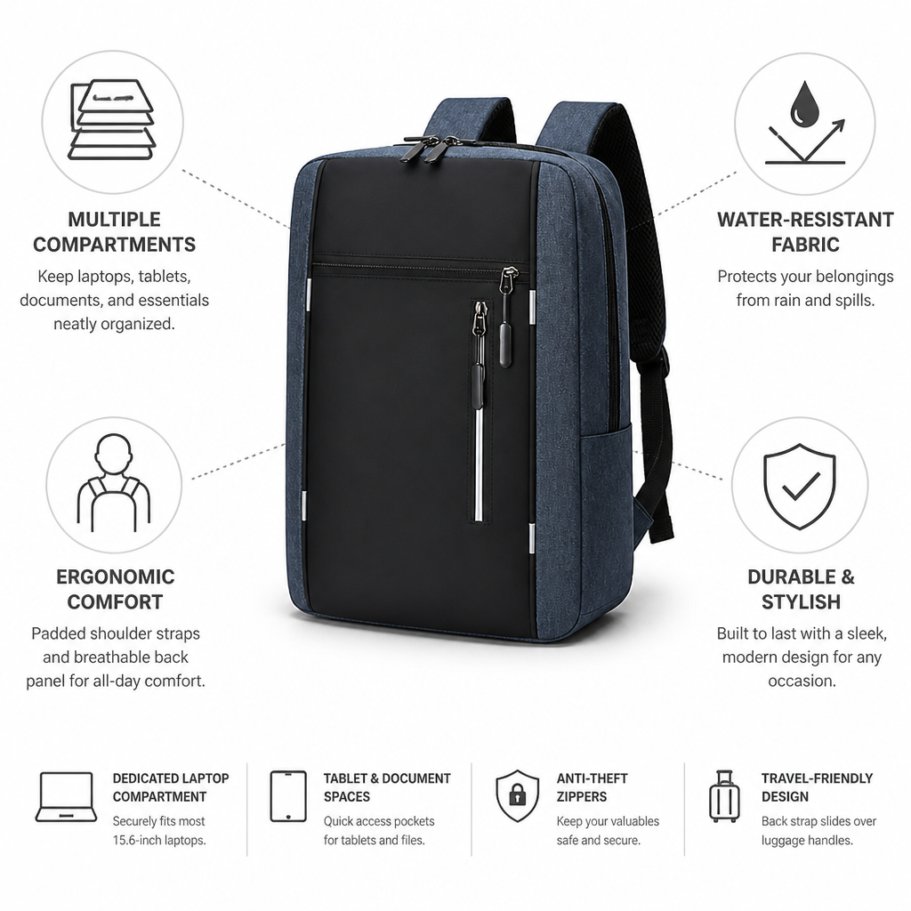 Water-Resistant Multi-Compartment Travel Backpack (Laptop Compartment)