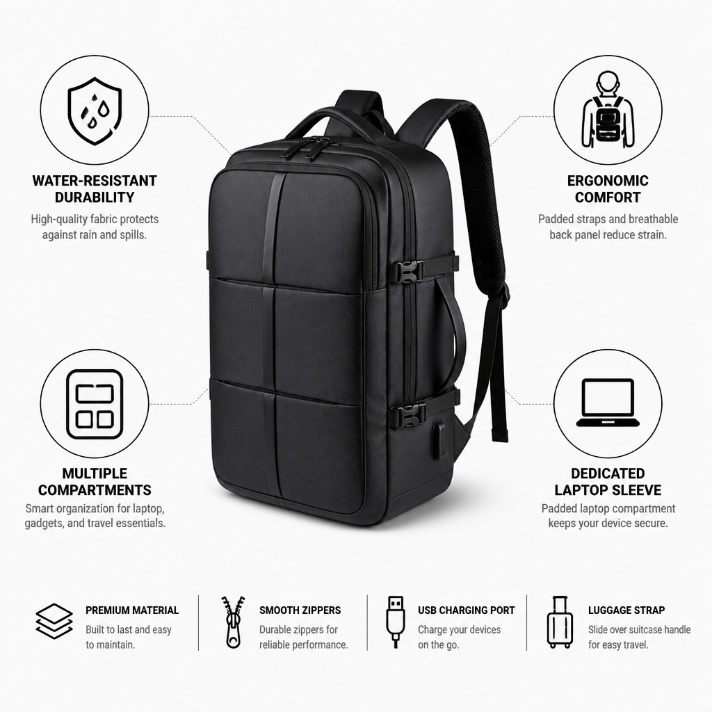 Water-Resistant Multi-Compartment Travel Backpack (Laptop Sleeve)