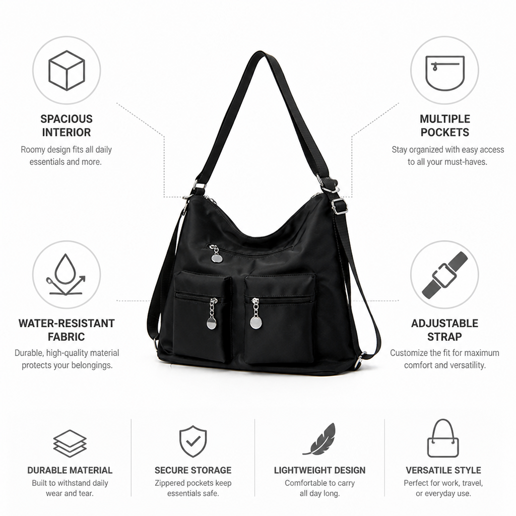 Water-Resistant Multi-Pocket Shoulder Bag (Adjustable Strap)