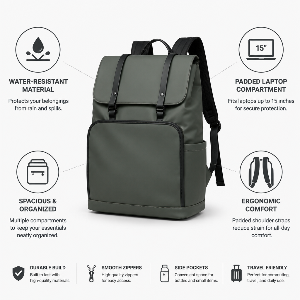 Water-Resistant Padded 15-Inch Laptop Backpack