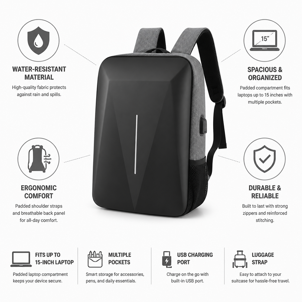 Water-Resistant Padded Laptop Backpack (Fits 15-Inch)