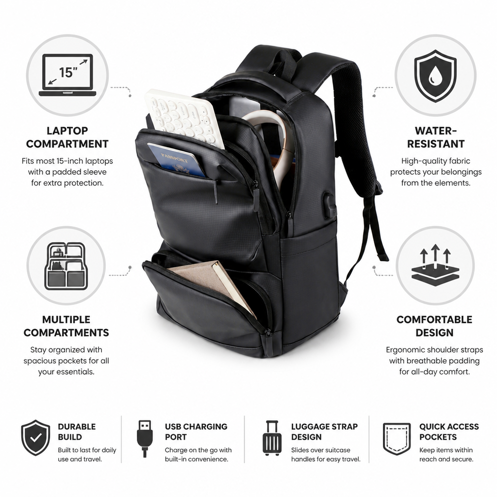Water-Resistant Padded Laptop Backpack (Fits 15-Inch Laptop)
