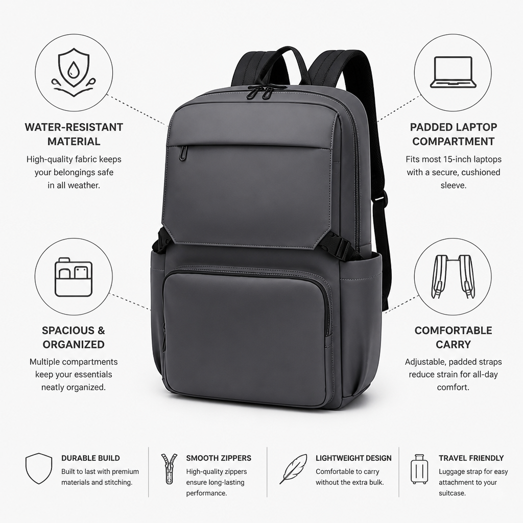 Water-Resistant Padded Laptop Backpack (Fits 15in Laptops)