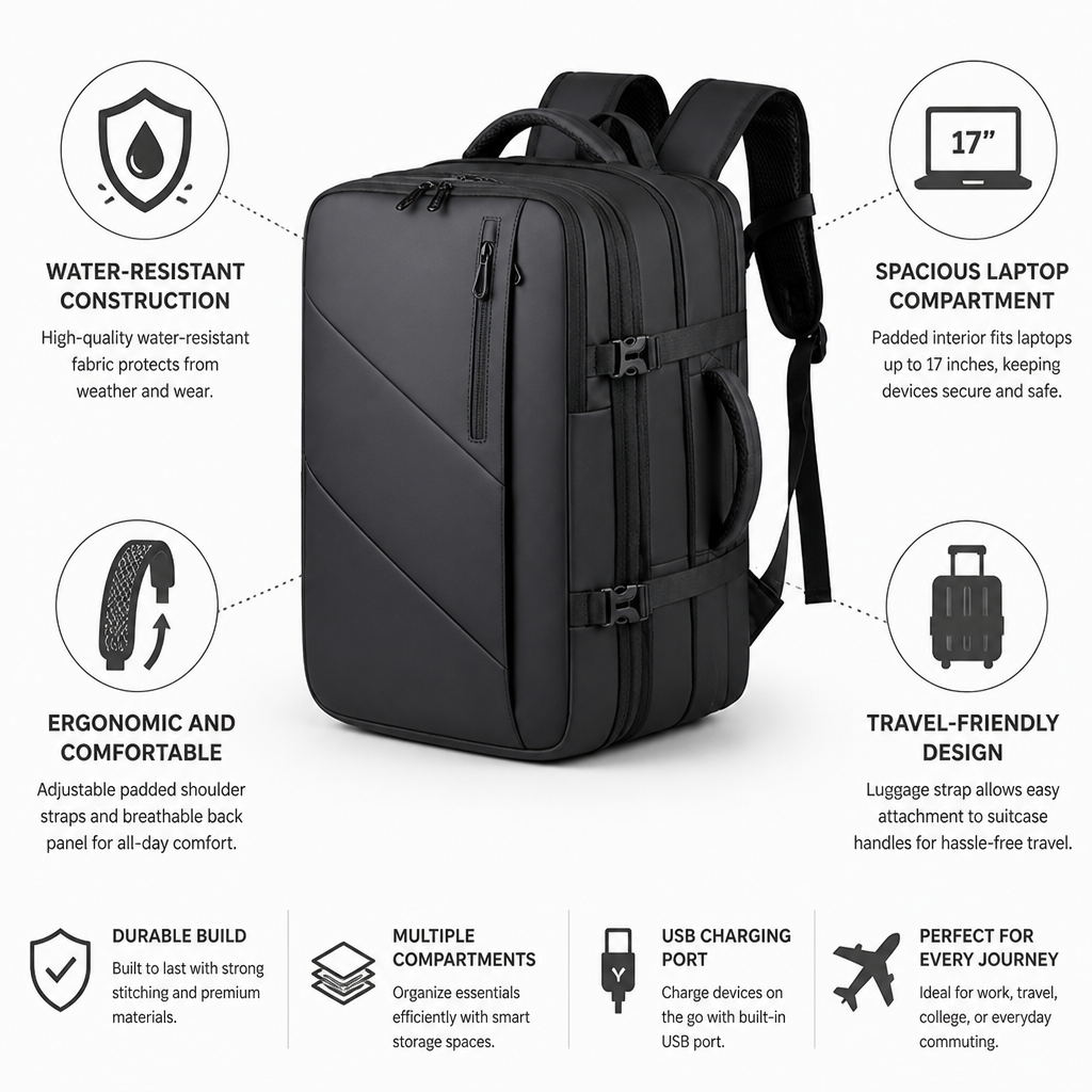 Water-Resistant Padded Laptop Backpack (Fits 17-Inch)