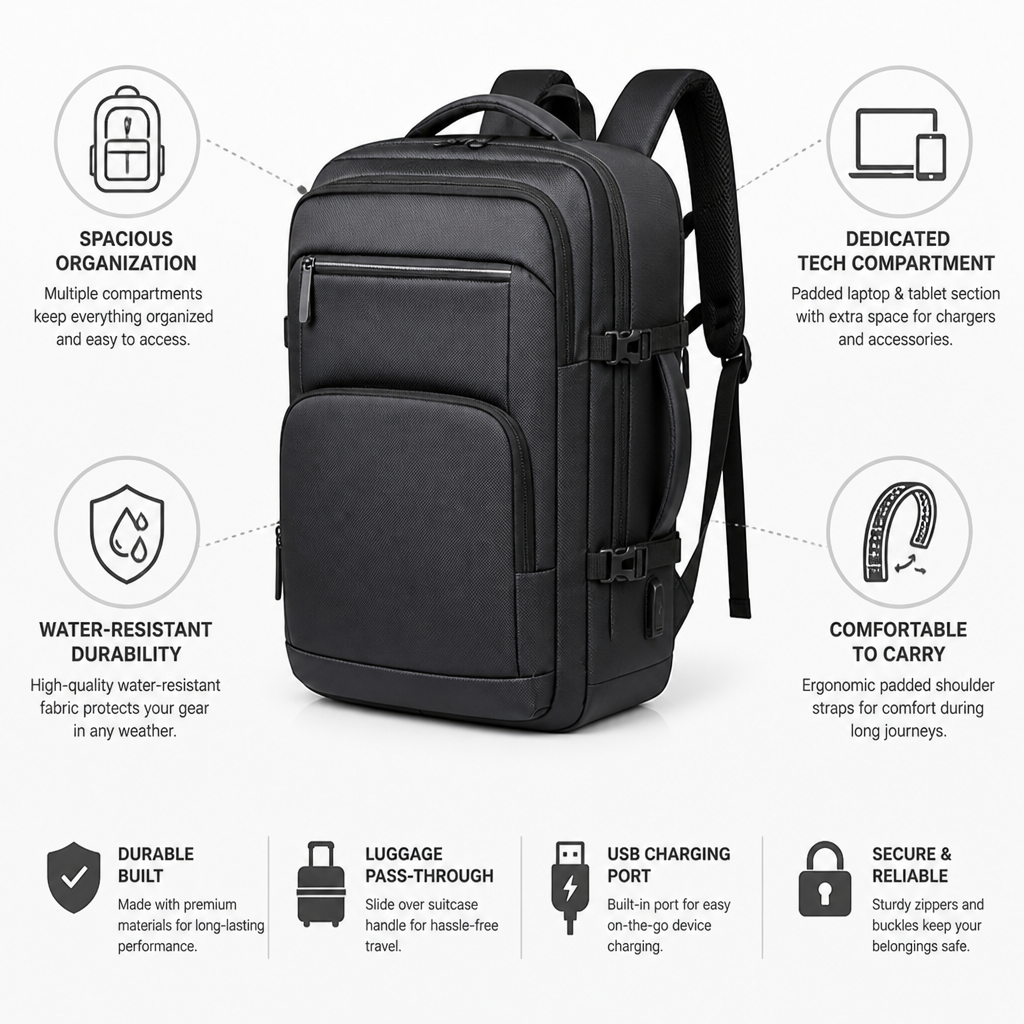 Water-Resistant Padded Laptop & Multi-Compartment Travel Backpack
