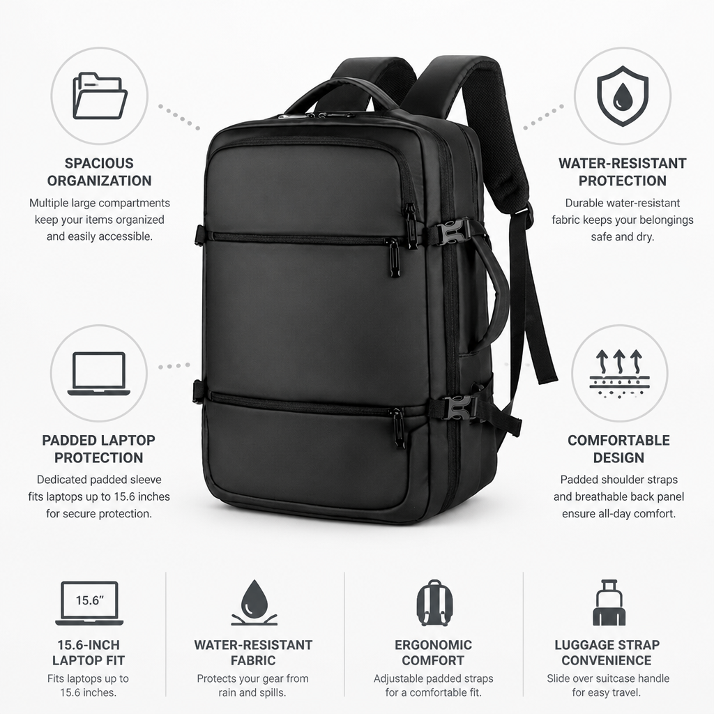 Water-Resistant Padded Laptop Travel Backpack (Fits 15.6-Inch Laptop)