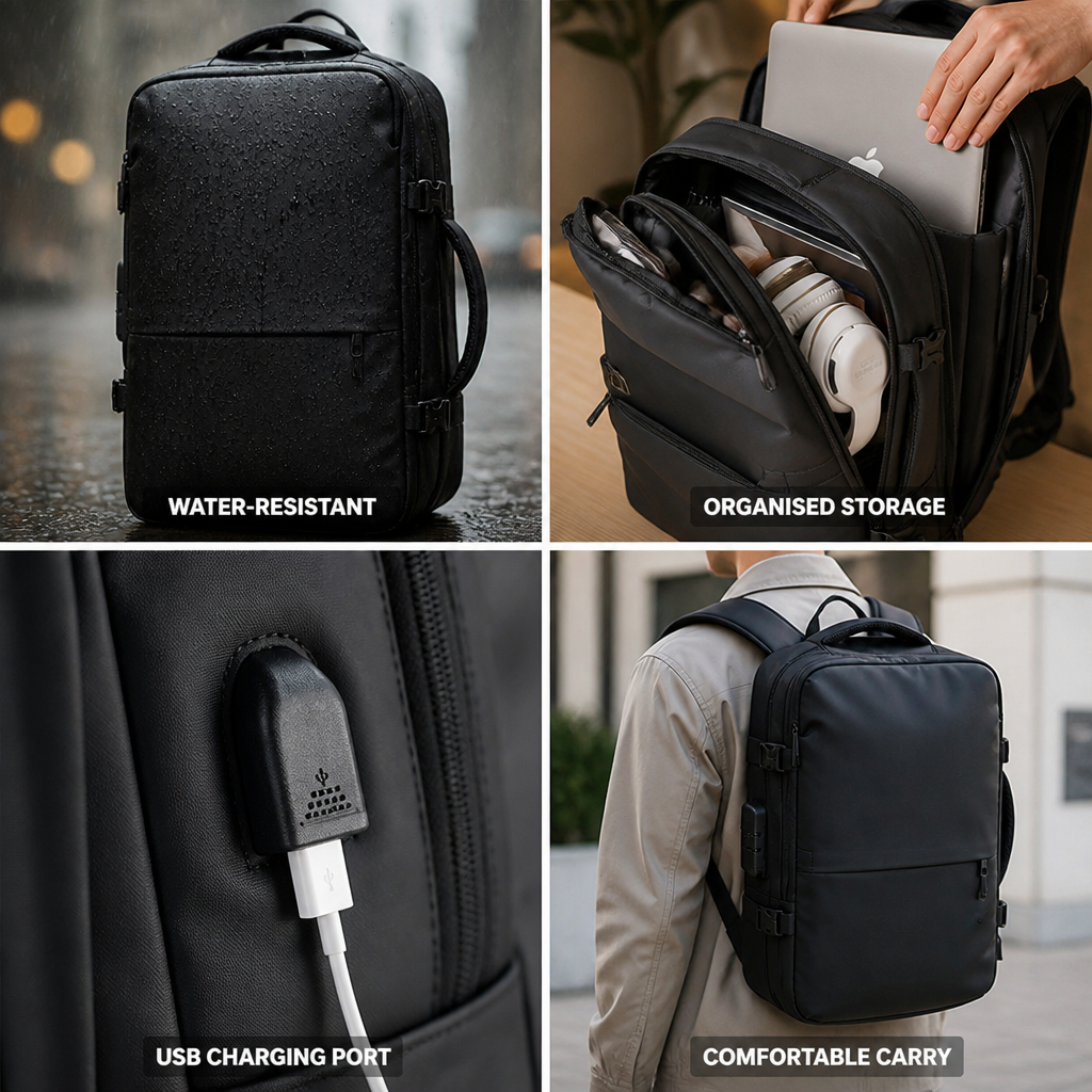 Water-Resistant Padded Laptop & USB Charging Travel Backpack