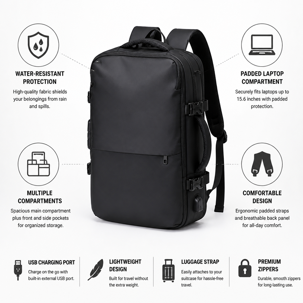 Water-Resistant Padded Laptop & USB Charging Travel Backpack
