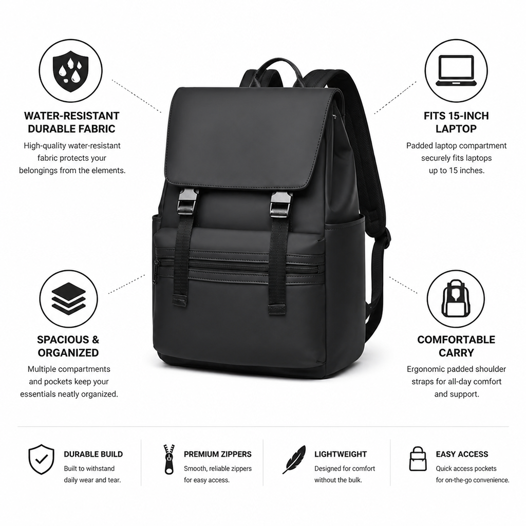 Water-Resistant Padded-Strap Backpack (Fits 15-Inch Laptop)