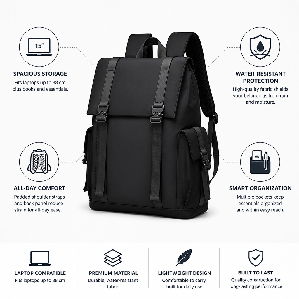 Water-Resistant Padded Strap Laptop Backpack (Fits 15-Inch)