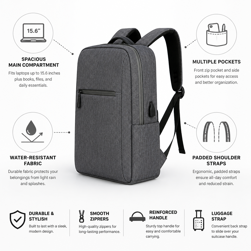 Water-Resistant Padded Strap Laptop Backpack (Fits 15.6 in)