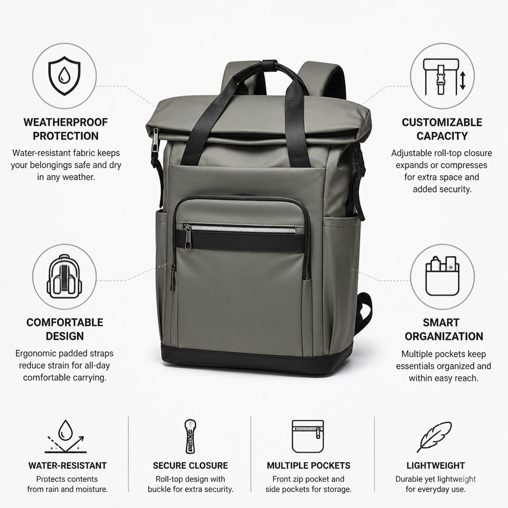 Water-Resistant Roll-Top Backpack