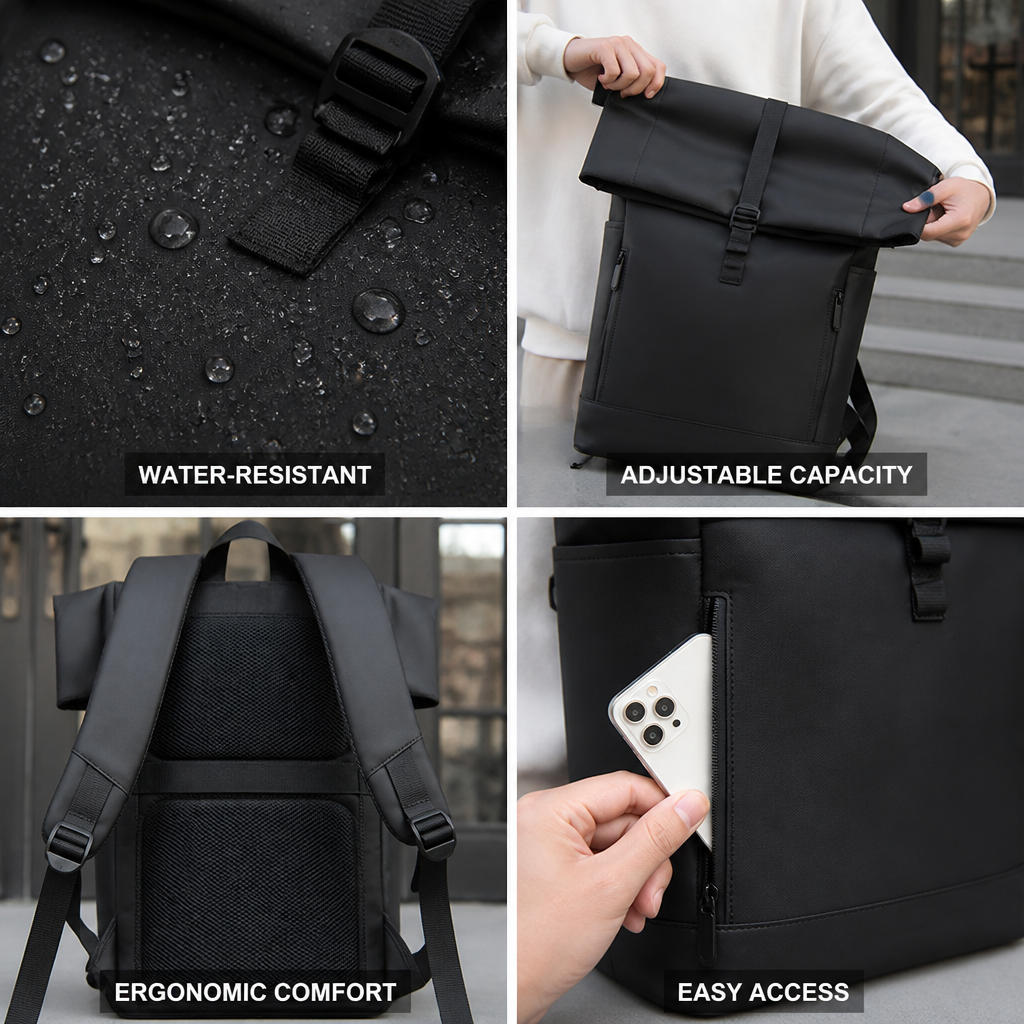 Water-Resistant Roll-Top Backpack (Ergonomic Padded Straps)