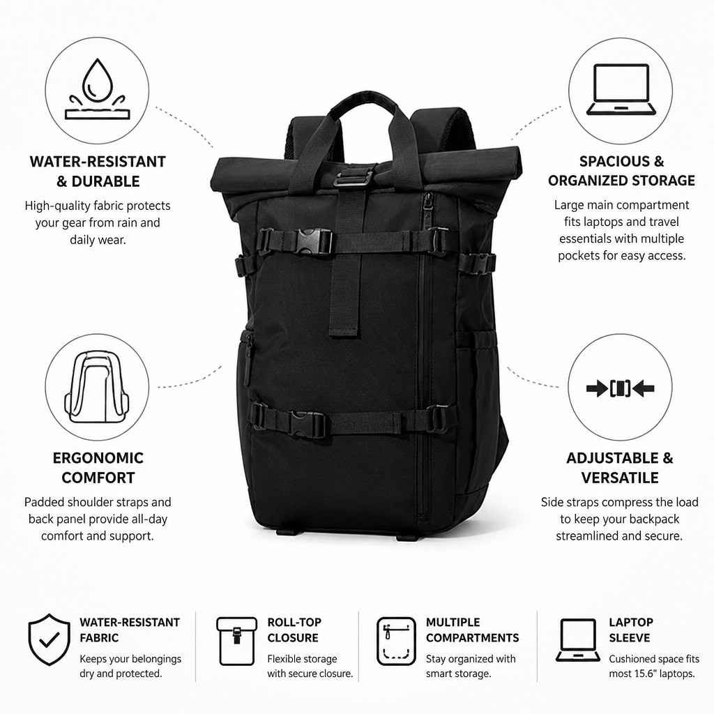Water-Resistant Roll-Top Backpack (Laptop Sleeve)