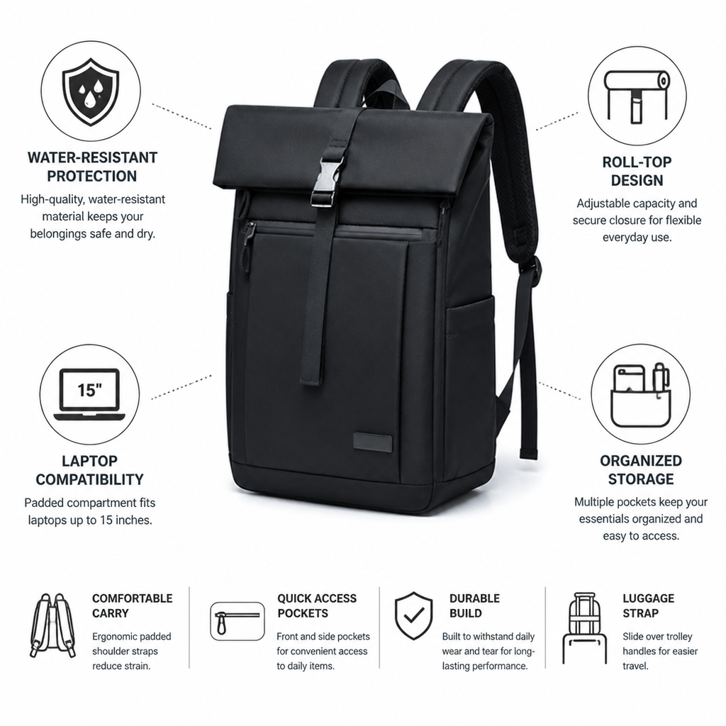 Water-Resistant Roll-Top Laptop Backpack (Fits 15-Inch)