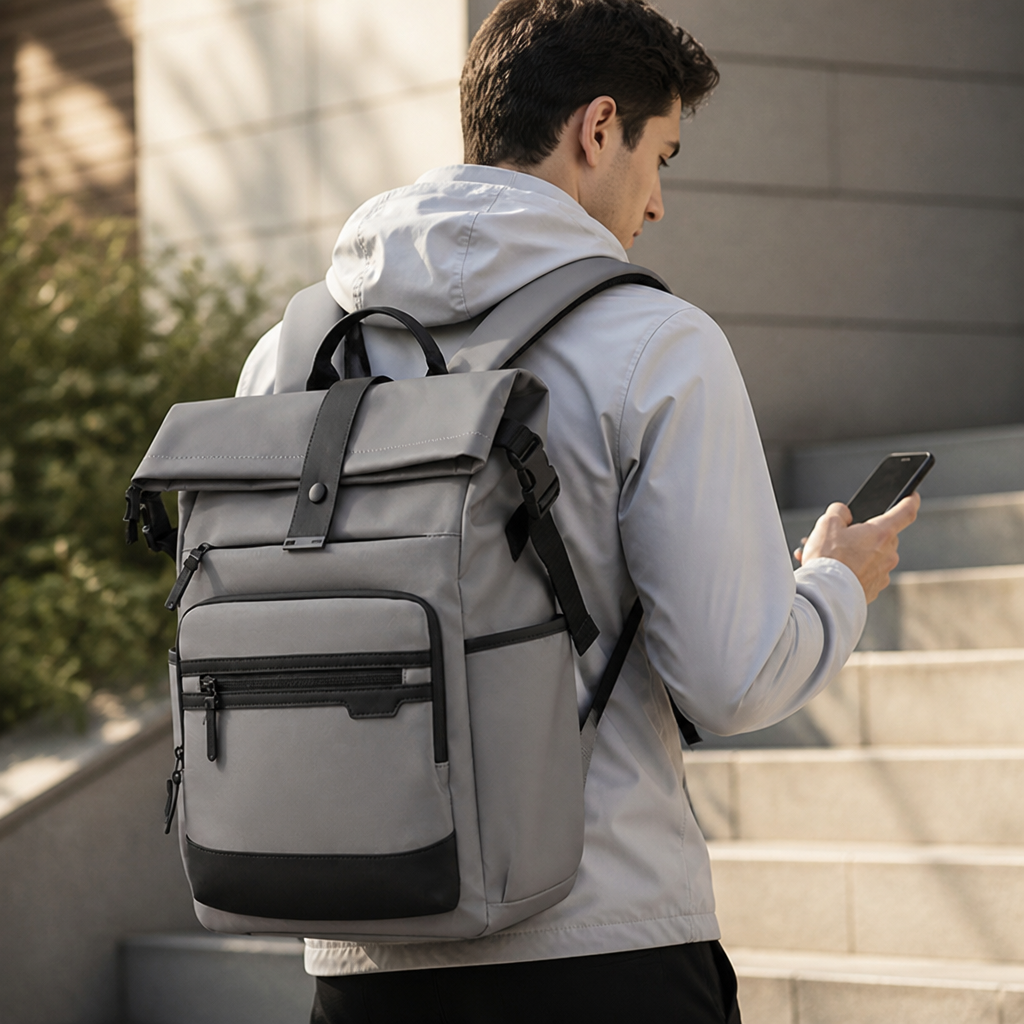 Water-Resistant Roll-Top Travel Backpack