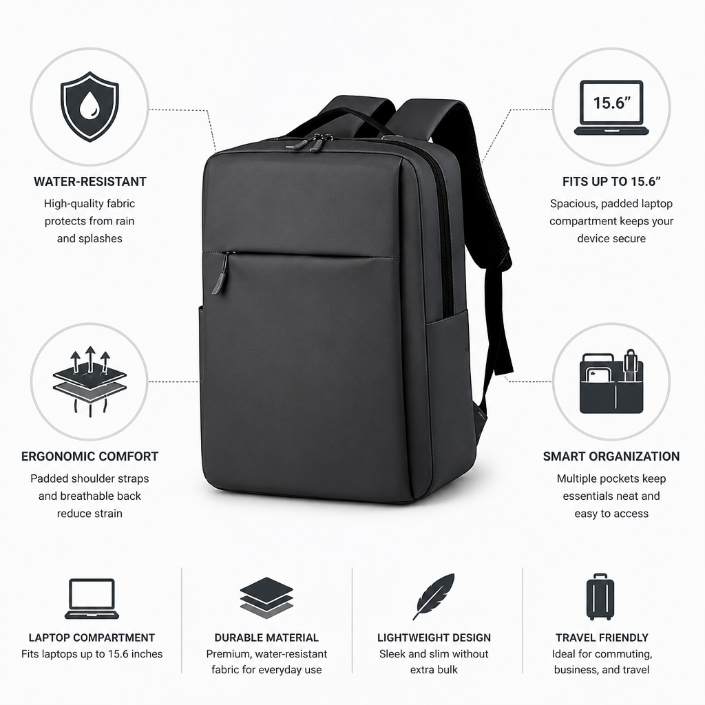 Water-Resistant Slim & Ergonomic Laptop Backpack (Fits 15.6")