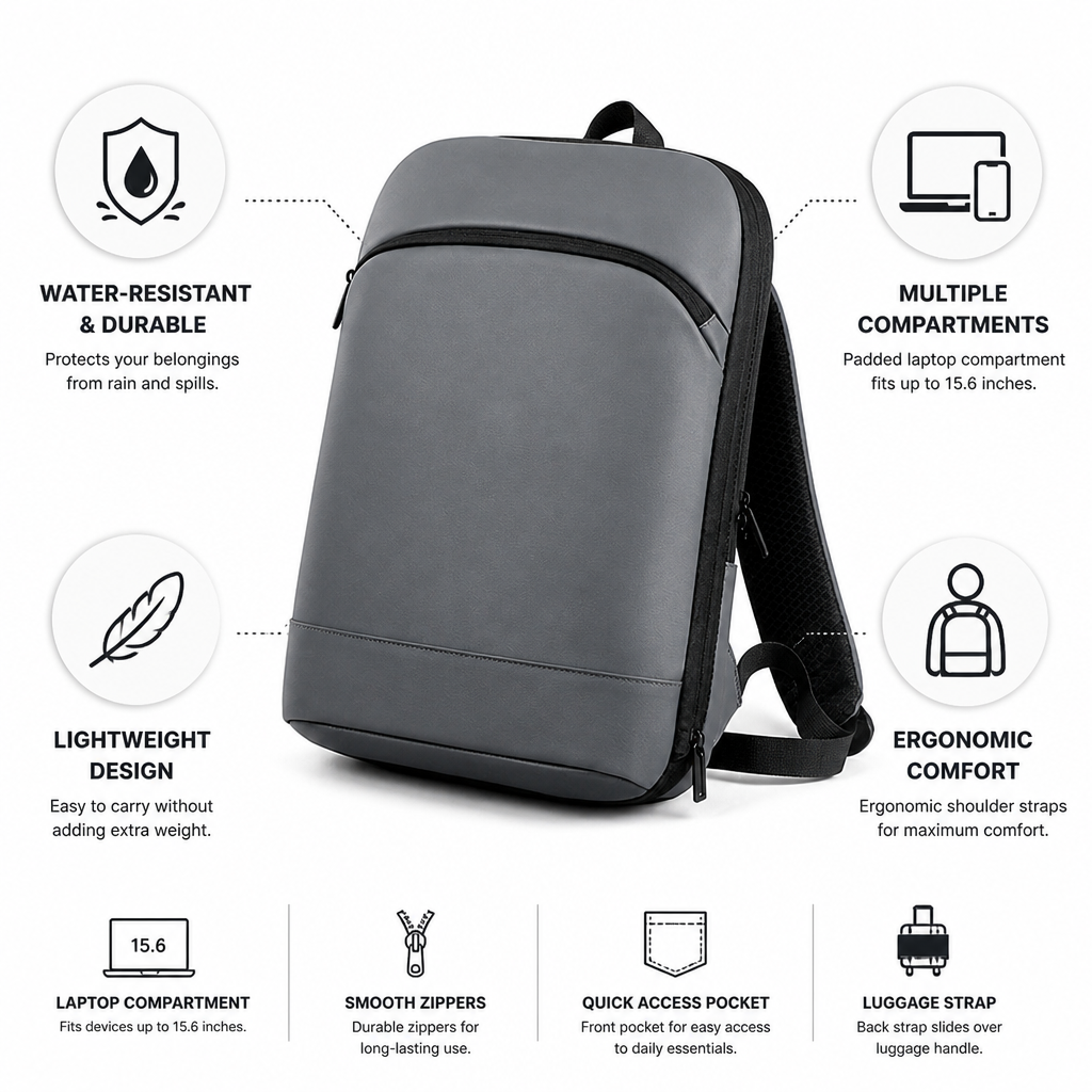 Water-Resistant Slim Padded Laptop Backpack (Fits 15.6 in)