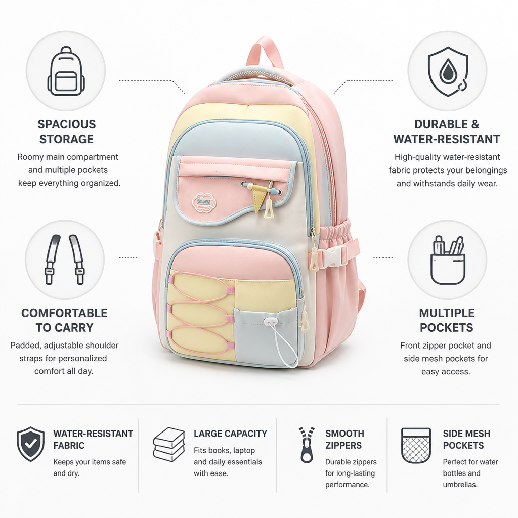 Water-Resistant Spacious School Backpack (Padded Straps)