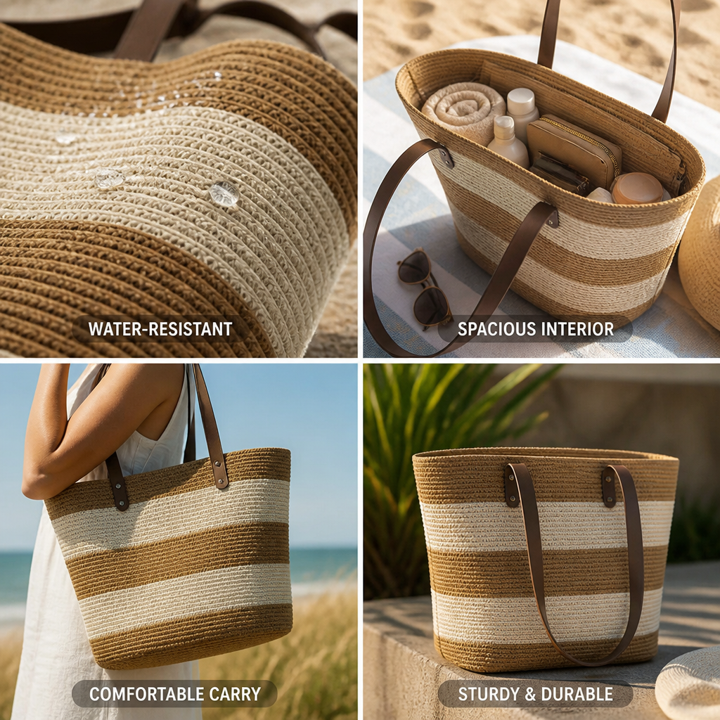 Water-Resistant Striped Woven Beach Tote