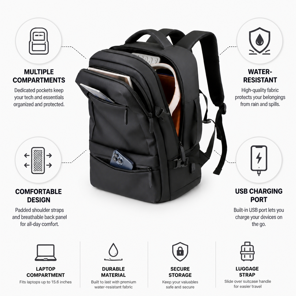 Water-Resistant USB Charging Laptop Backpack