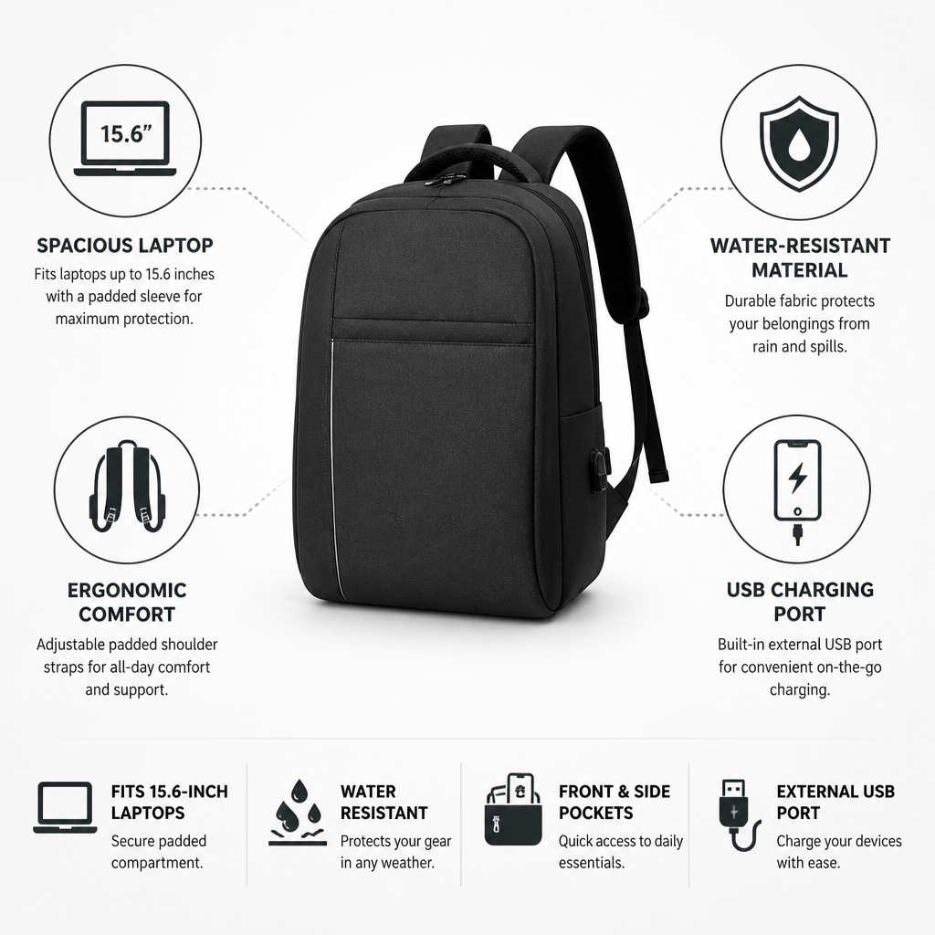 Water-Resistant USB Charging Laptop Backpack (Fits 15.6-Inch)