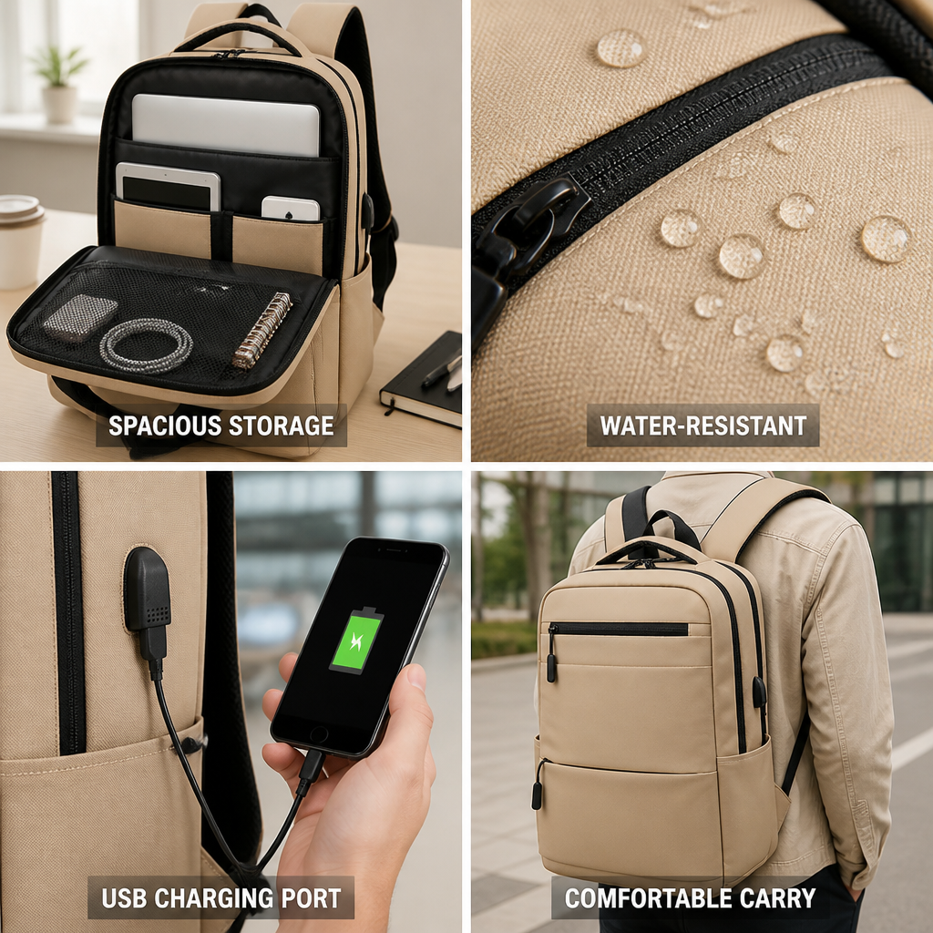 Water-Resistant USB Charging Laptop Backpack (Fits 15.6-Inch Laptop)
