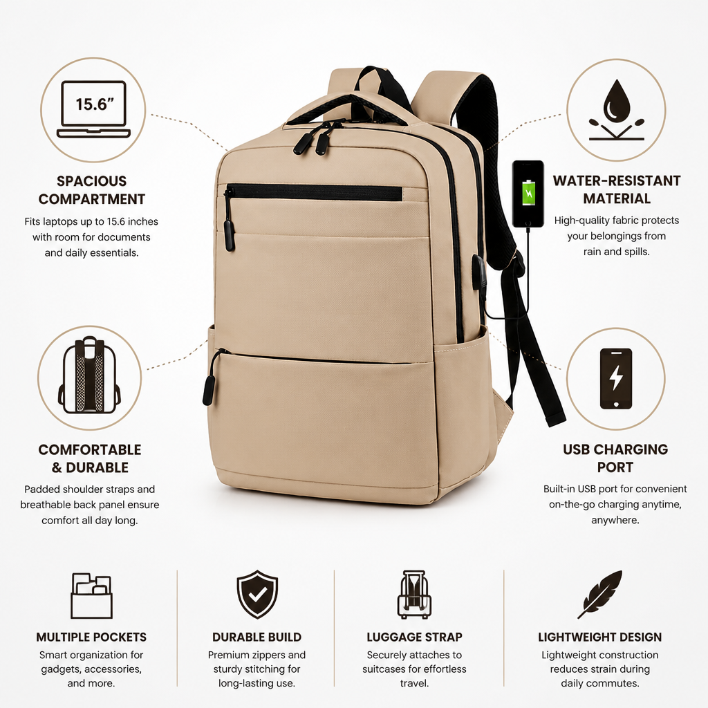 Water-Resistant USB Charging Laptop Backpack (Fits 15.6-Inch Laptop)