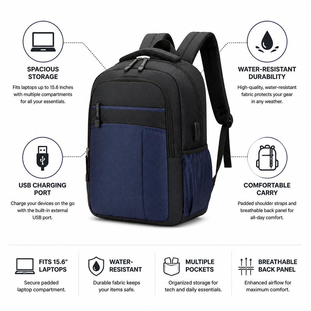 Water-Resistant USB Charging Laptop Backpack (Fits 15.6in)
