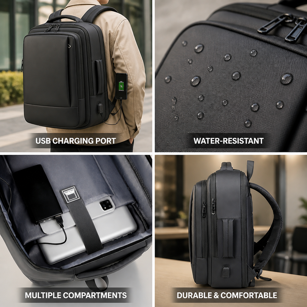 Water-Resistant USB-Charging Multi-Compartment Backpack