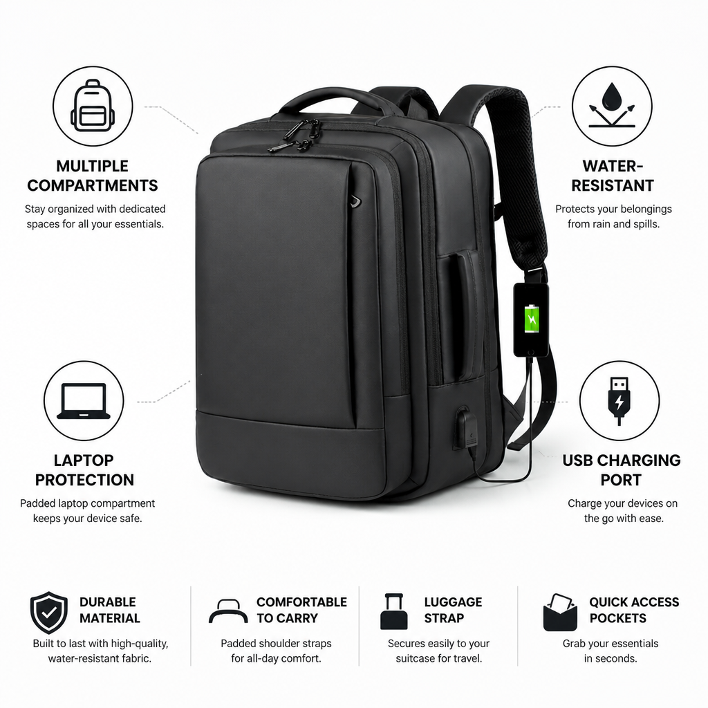 Water-Resistant USB-Charging Multi-Compartment Backpack