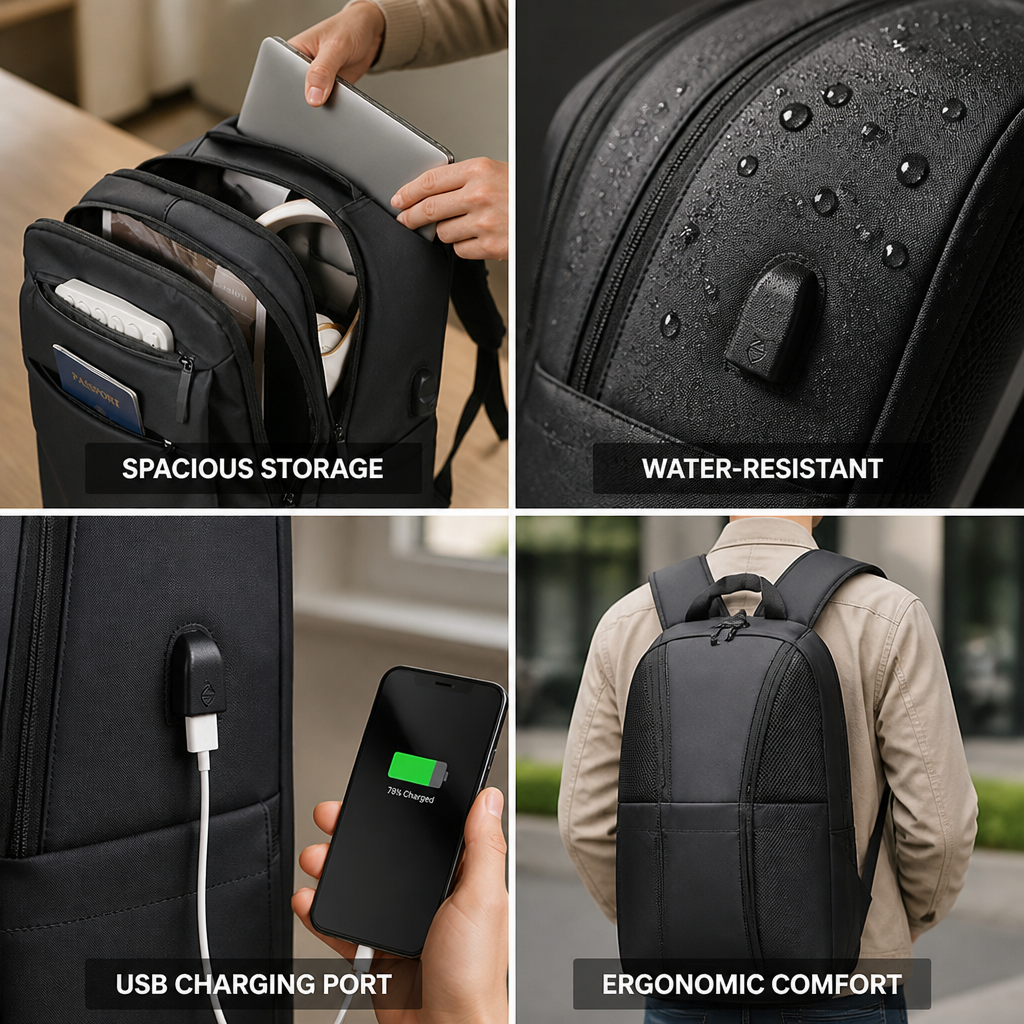 Water-Resistant USB Charging Travel Backpack