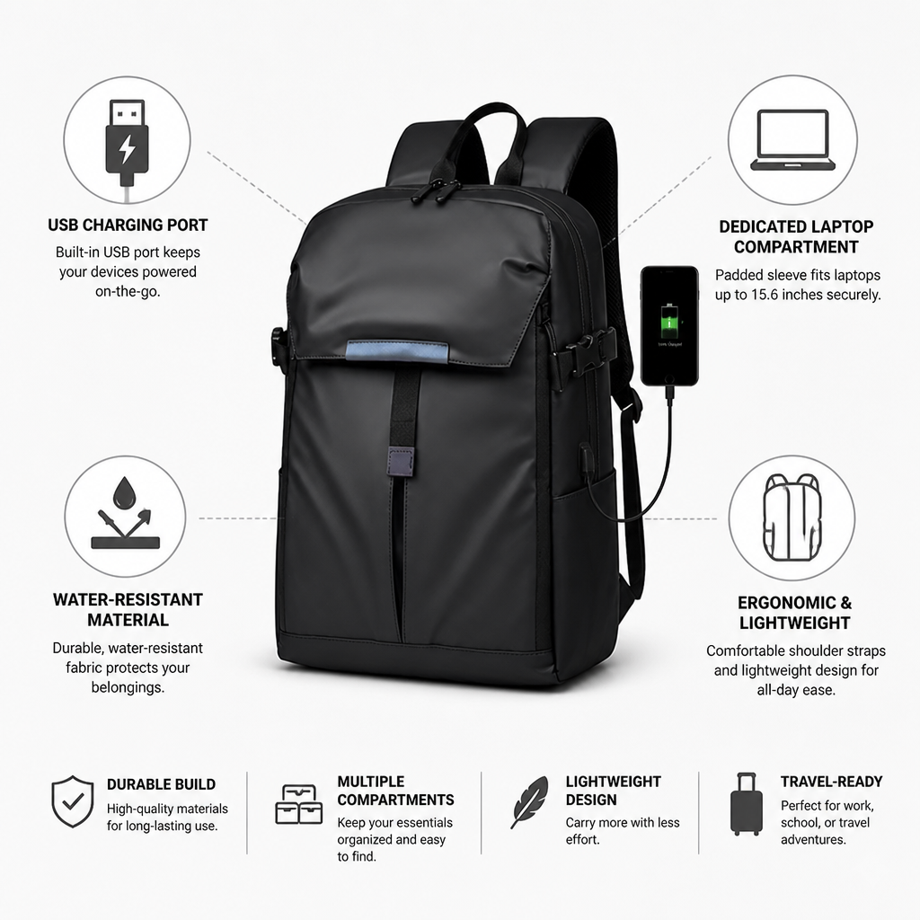 Water-Resistant USB Charging Travel Backpack