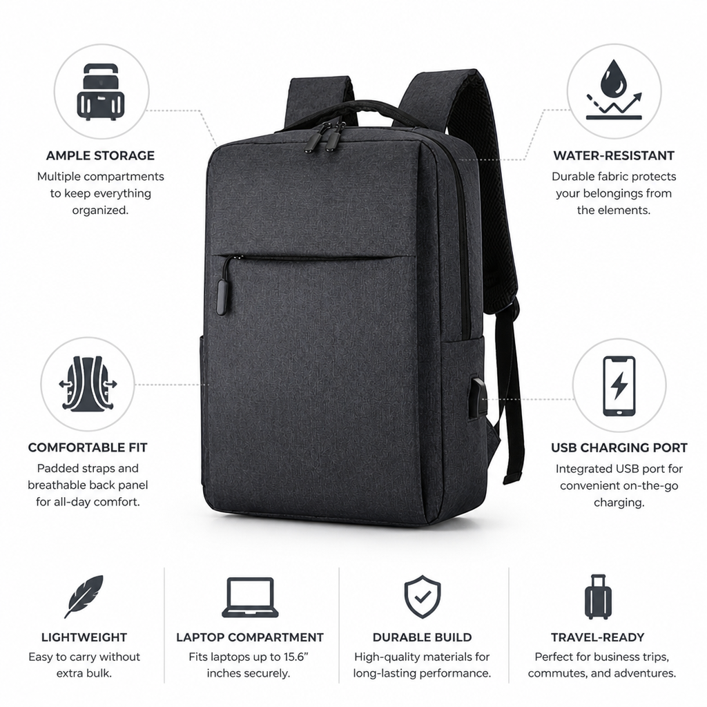 Water-Resistant USB Charging Travel Backpack