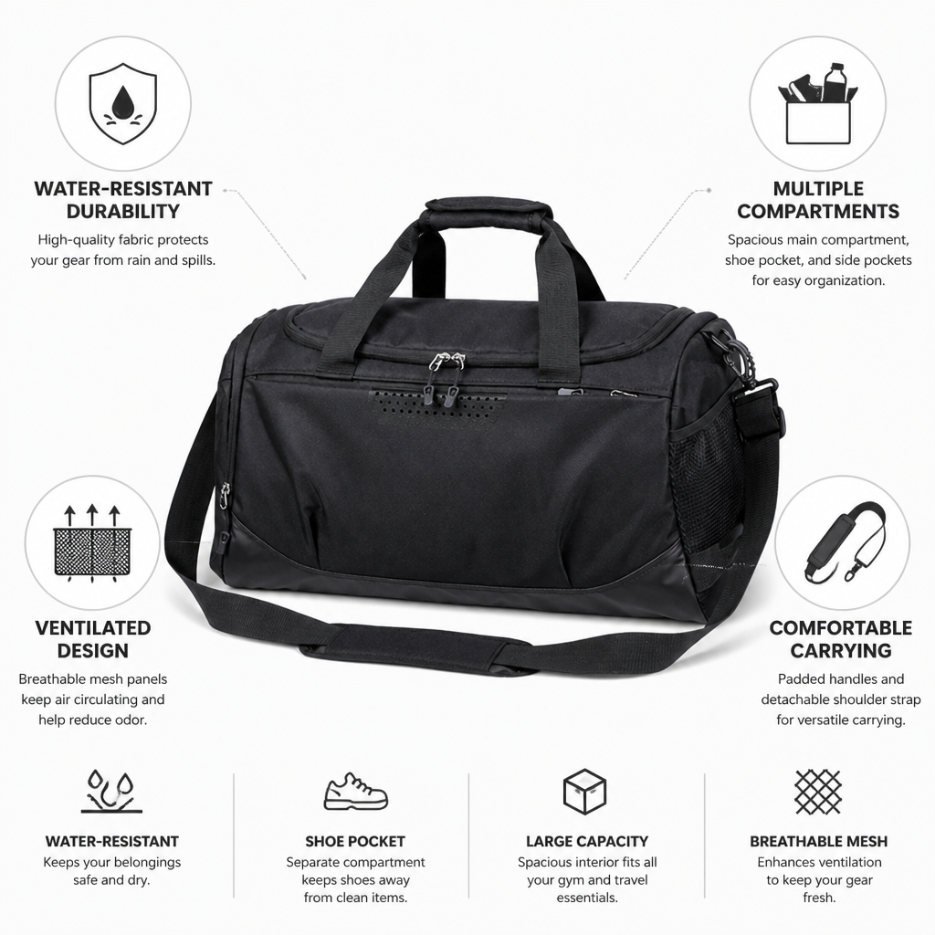 Water-Resistant & Ventilated Gym Duffle Bag (Detachable Strap)