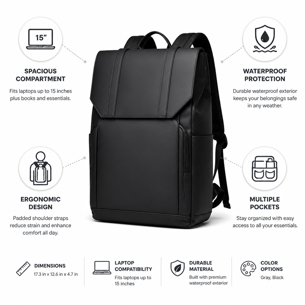 Waterproof Ergonomic Laptop Backpack (Fits 15-Inch Laptop)