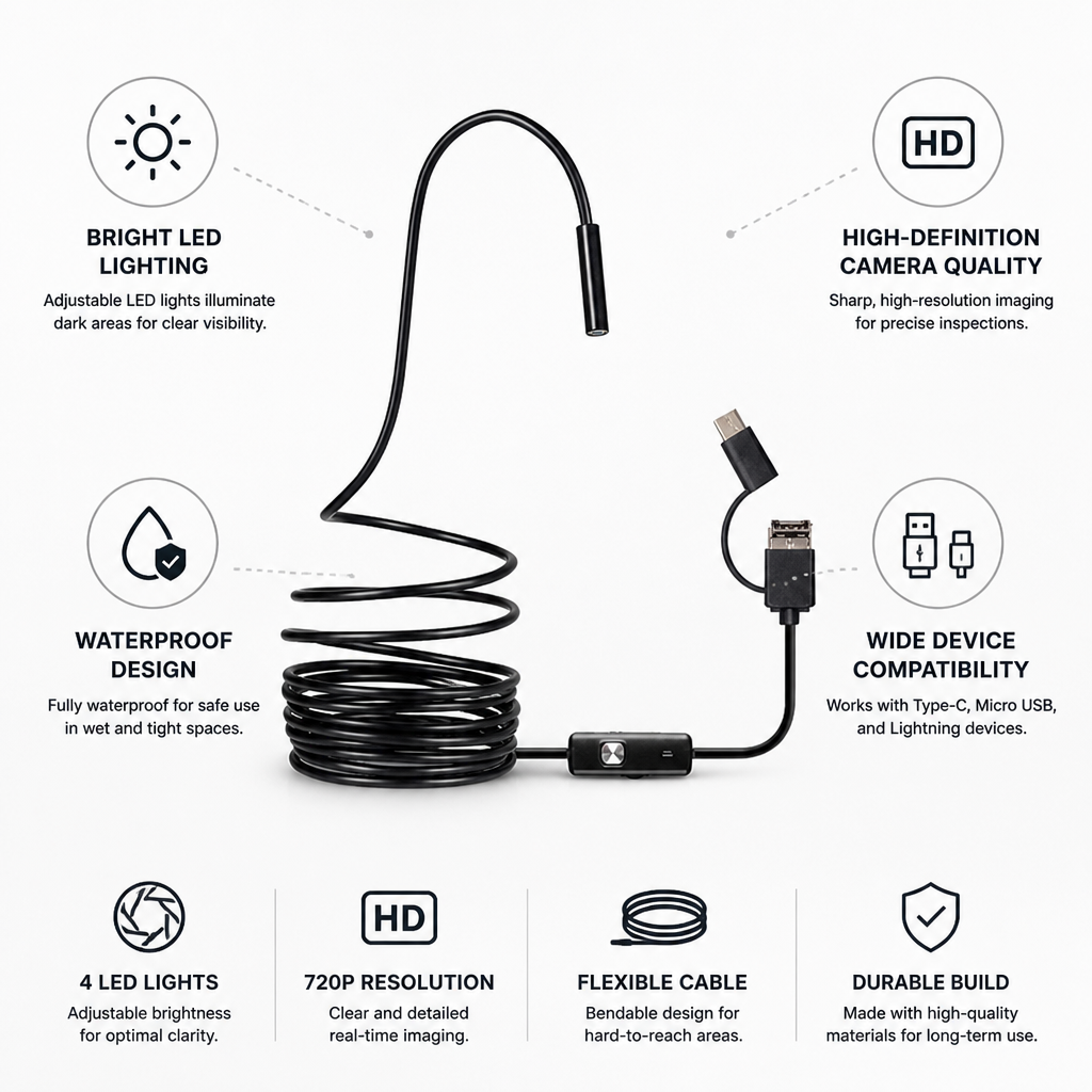 Waterproof High-Resolution Adjustable LED Endoscope Camera